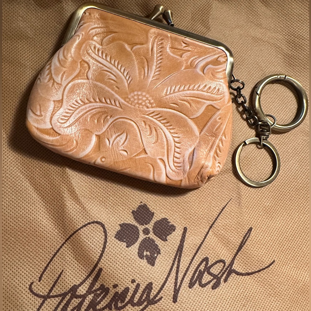Patricia Nash - toffee colored leather kiss clasp change purse embossed - NWOT